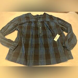 Plaid Button-Up Blouse - Black and Blue